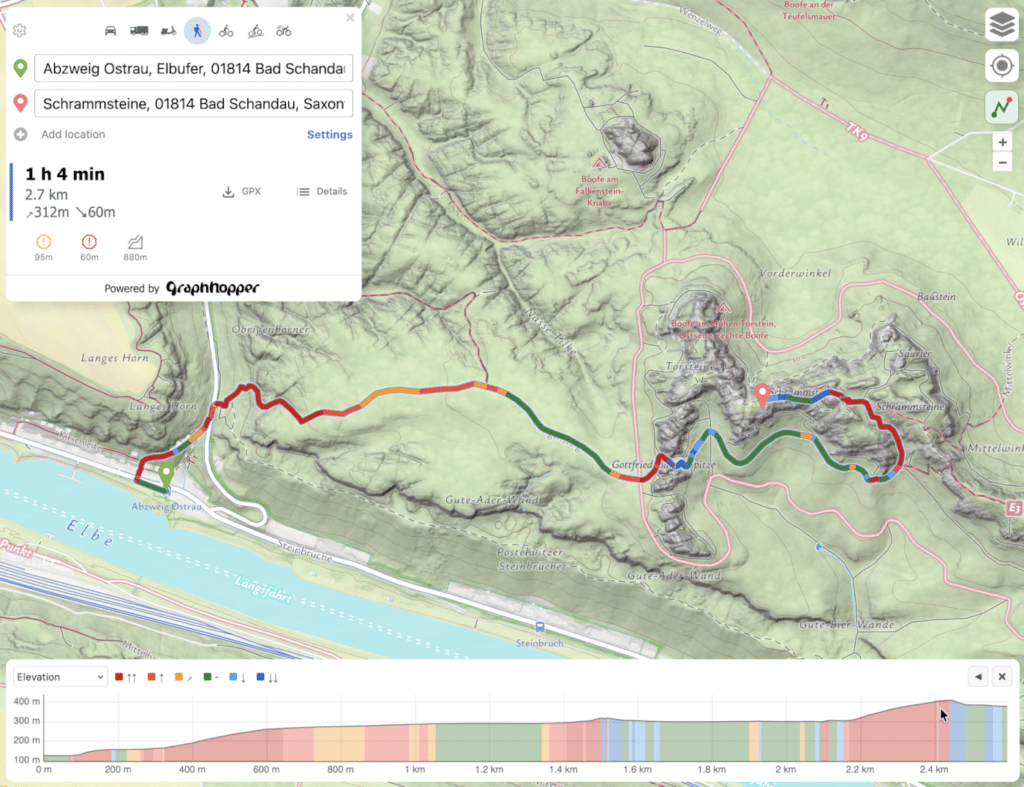 Hiking route near Bad Schandau. Map tiles from Maptoolkit. A hiking route shown on a map near Bad Schandau. The path is not the default blue but uses a different color for different slope.